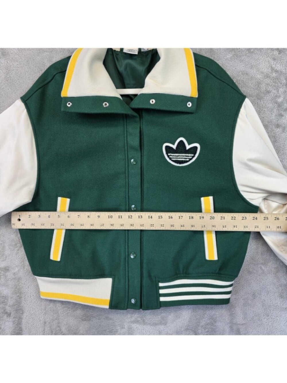 Adidas Jacket Womens XL Green Varsity Letterman Snap Front Striped Trim HY4184 - Picture 14 of 16